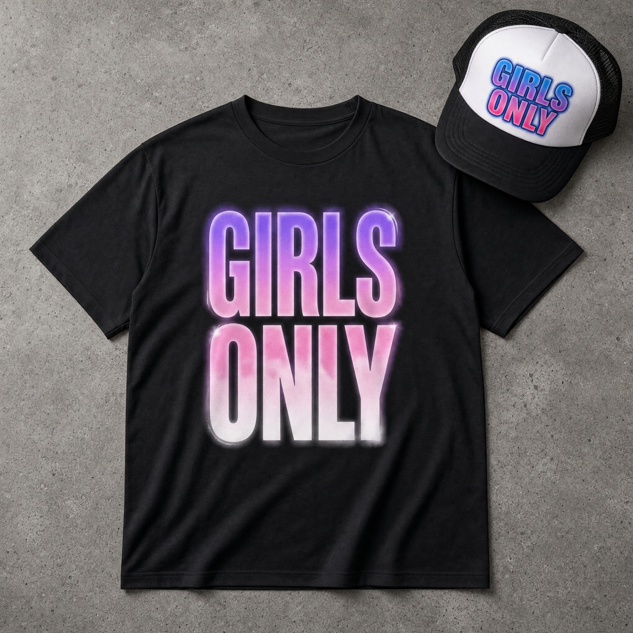 GIRLS ONLY · tee + trucker bundle flatlay